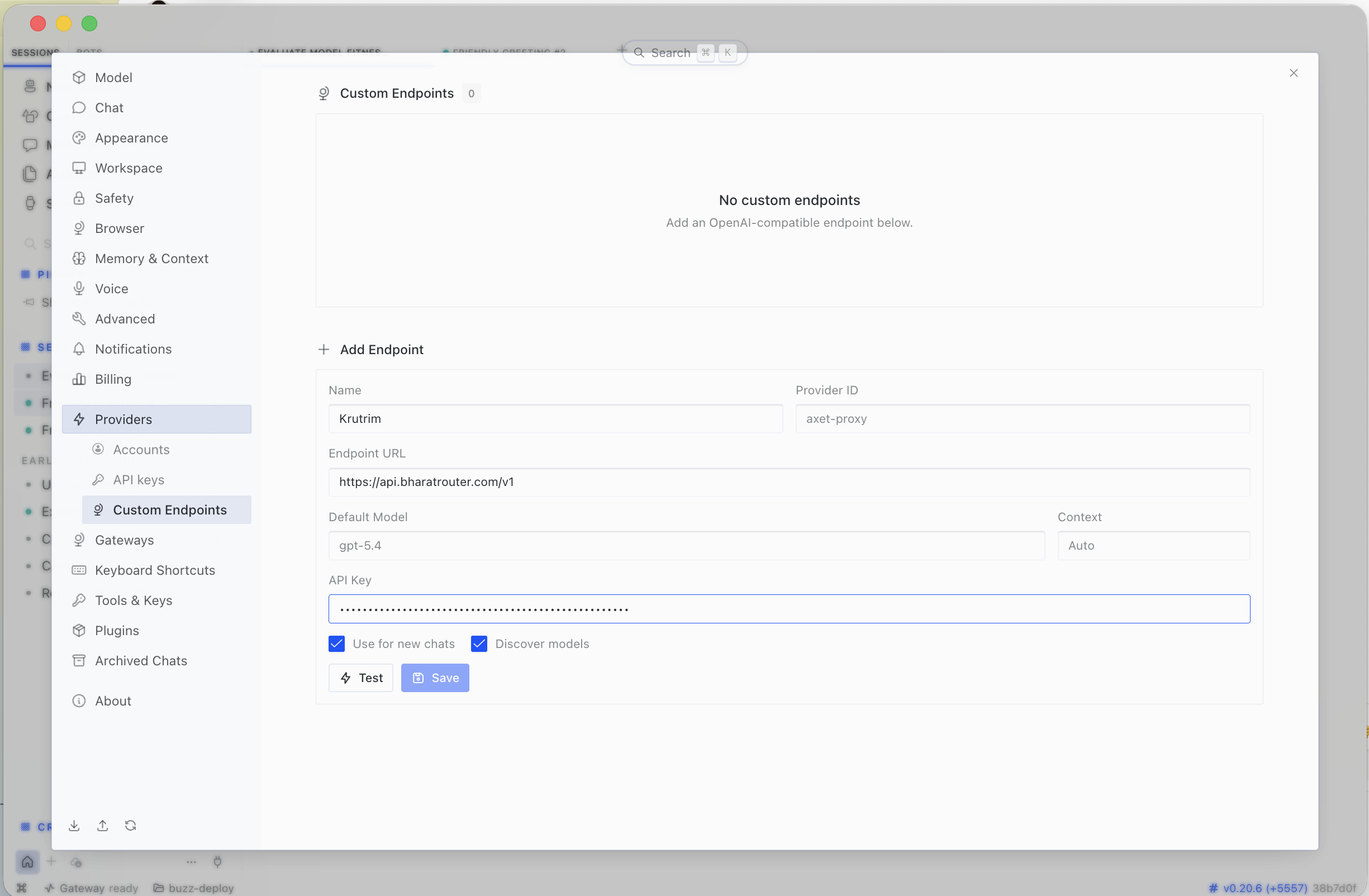 The Hermes Custom Endpoints → Add Endpoint form filled in: Name 'BharatRouter', Provider ID, Endpoint URL https://api.bharatrouter.com/v1, the br- API key masked, with 'Use for new chats' and 'Discover models' both ticked, and Test and Save buttons below.