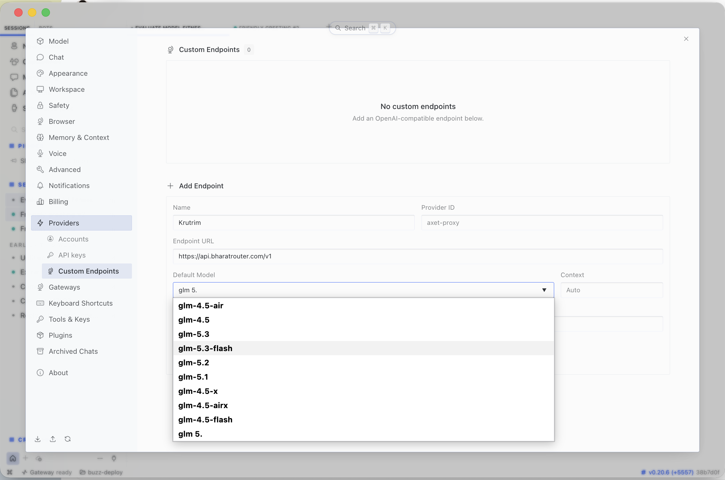 The Default Model dropdown open in the Hermes Add Endpoint form, live-fetched from BharatRouter, listing glm-5.3-flash among glm-5.3, glm-5.2, glm-4.5-flash and others — glm-5.3-flash highlighted for selection.